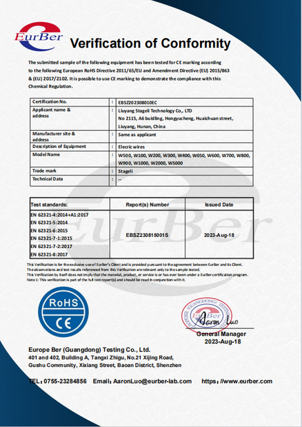 Çin Liuyang Stageli Technology Co., Ltd. Sertifikalar